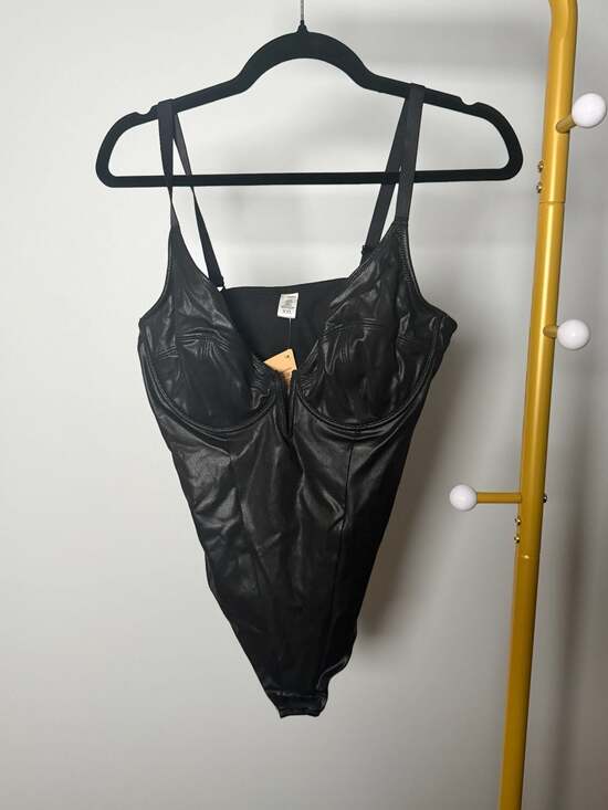 NWT Popilush Faux Leather Deep V-Neck Shaping Thong Bodysuit